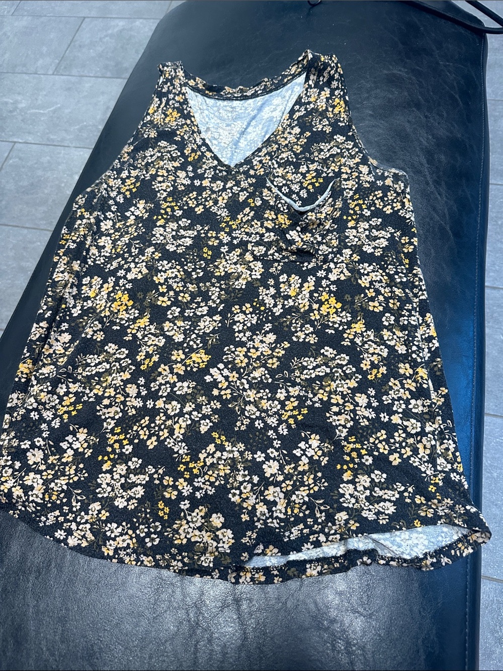Black Floral V-Neck Sleeveless Tank Top - Yellow & Cream Accents